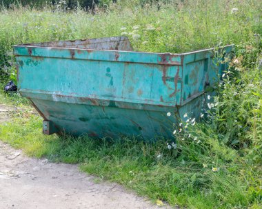 Uzun otların arasında boş paslı Çöp konteyner