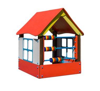 Abaküslü kırmızı ahşap oyun evi. Oyun alanı için ekipman. Beyaz arkaplanda gölgesiz izole