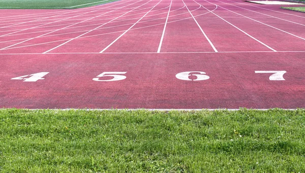 Stadium Running Track Marking Lines Coating Crumb Rubber Green Grass — Stock Photo, Image