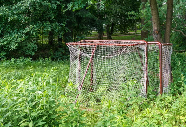 Hockey Goals Stand Tall Grass Sports Ground Waiting Winter Season — Stock Photo, Image