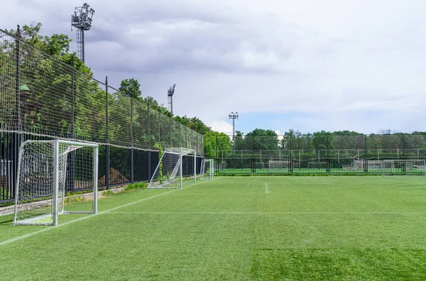 Football Goals Pitch Soccer Training Green Sod Covering Copy Space — Stock Photo, Image