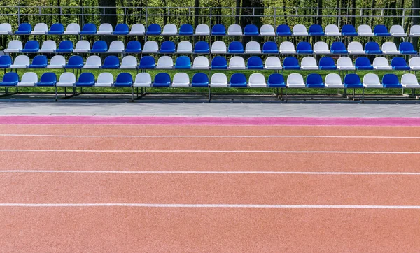 Running Track Empty Grandstand Stadium Plastic Seats Blue White Color — Stock Photo, Image