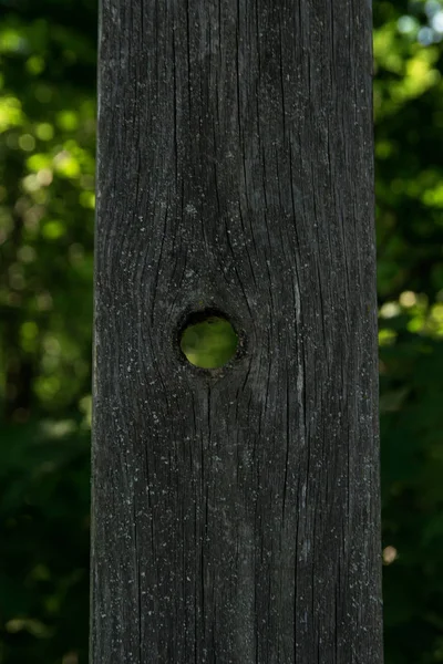 Μέρος Ενός Ξύλινου Φράχτη Μια Τρύπα Στο Φόντο Του Πράσινου — Φωτογραφία Αρχείου