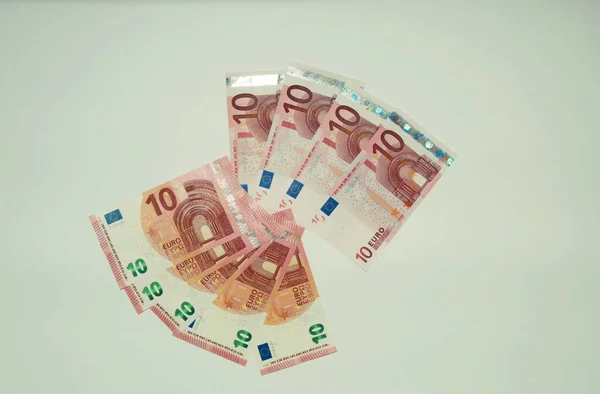 Los Billetes Con Valor Nominal Diez Euros Son Abanicos Sobre —  Fotos de Stock