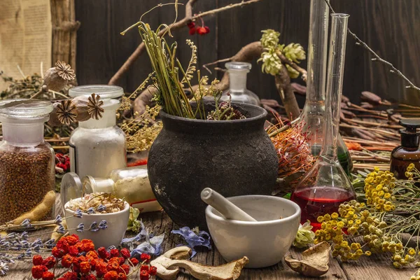 Witch's Laboratory. Alchemical equipment, Halloween concept — Stock Photo, Image