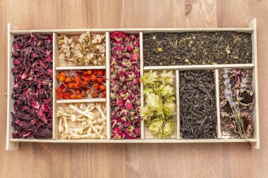 Çeşit çeşit çay yaprakları, kurutulmuş böğürtlen ve çiçekler. Sağlıklı içki konsepti.