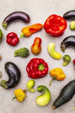 Son moda çirkin organik sebzeler. Taze biber, patlıcan, salatalık, domates, balkabağı çeşitleri.