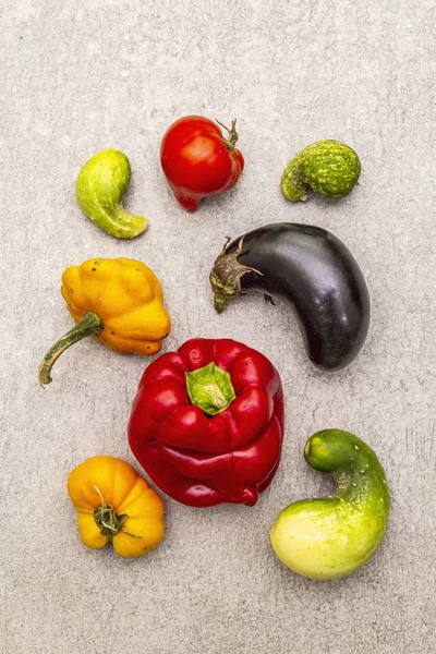 Son moda çirkin organik sebzeler. Taze biber, patlıcan, salatalık, domates, balkabağı çeşitleri. — Stok fotoğraf