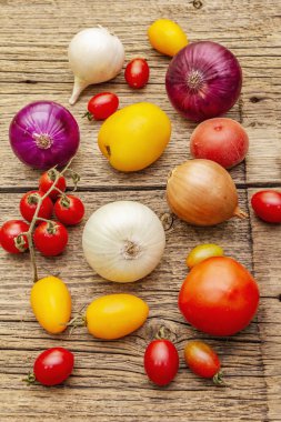 Sonbahar hasat sebzeleri pişirme arka planı. Çeşitli soğan ve domates çeşitleri.