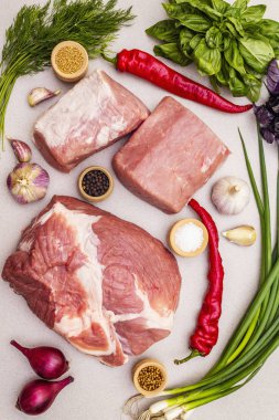 Baharatlı çiğ domuz eti ve taze otlar.