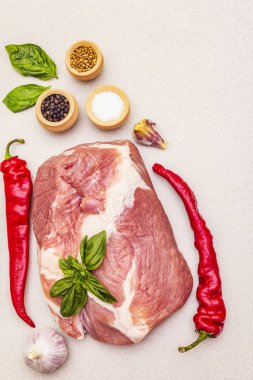 Çiğ domuz eti fileto taze sebze ve kuru baharatlı.