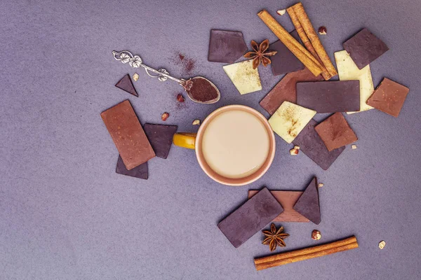Assortment of different chocolate types and coffee