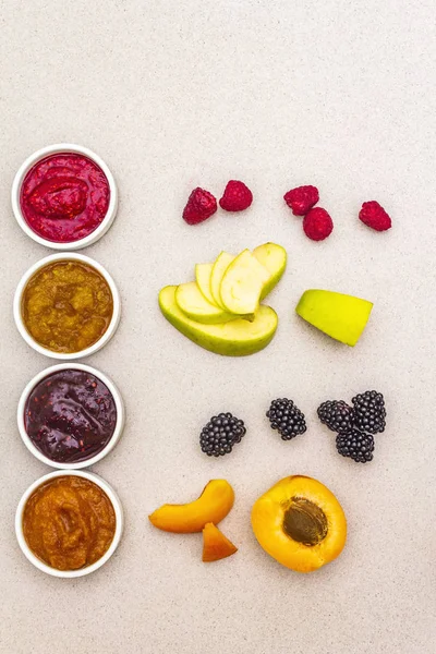 Healthy organic homemade assortment of fruit puree — Stock Photo, Image