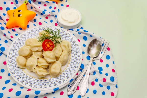 Hot Meat Dumplings Fresh Sour Cream Homemade Healthy Kid Food — Stock Photo, Image