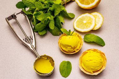 Naneli limonlu dondurma. Ferahlatıcı yaz tatlıları, olgun meyveler, mis kokulu yapraklar. Taş beton arka plan, kapat