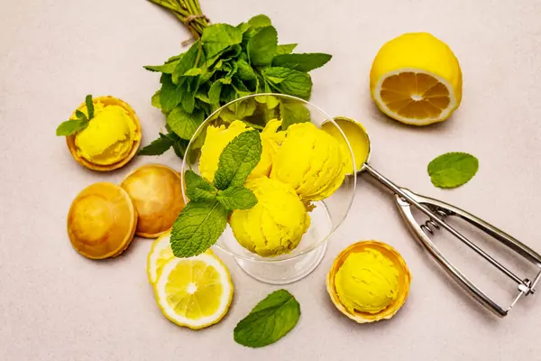 Gelado Limão Com Hortelã Sobremesa Refrescante Verão Fruta Madura Folhas — Fotografia de Stock