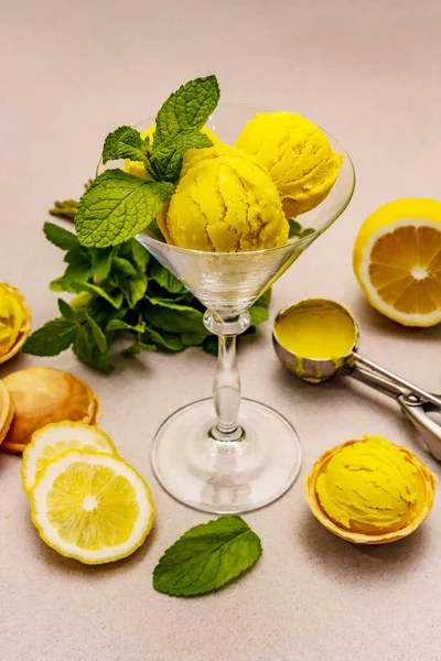 Gelado Limão Com Hortelã Sobremesa Refrescante Verão Fruta Madura Folhas — Fotografia de Stock