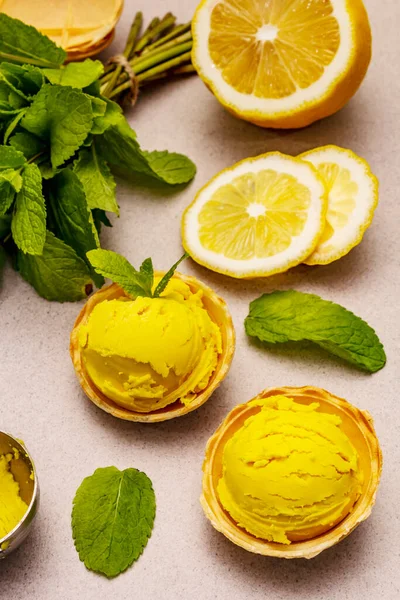 Gelado Limão Com Hortelã Sobremesa Refrescante Verão Fruta Madura Folhas — Fotografia de Stock