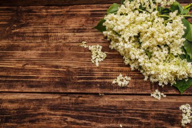 Taze kokulu yaşlı çiçekler. Eski tahta arka plan