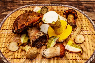 Taze orman mantarları. Türlü gurme porcini ve boletus. Eski tahta arka plan, kapat