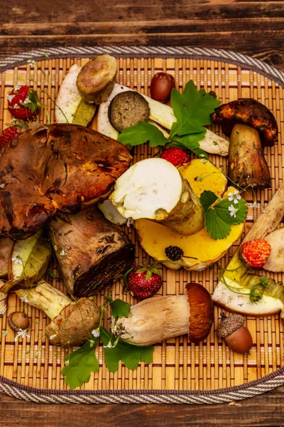 Fresh Forest Mushrooms Assorted Gourmet Porcini Boletus Oak Leaves Strawberries — Stock Photo, Image