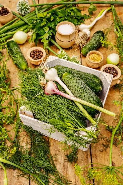 Koncept För Inläggning Grönsaker Matlagningsprocess Kryddor Färska Doftande Örter Mogna — Stockfoto