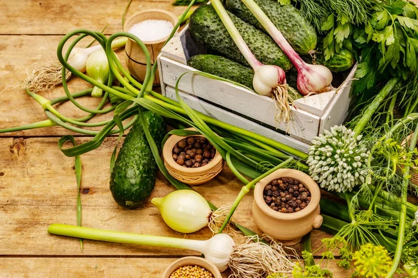 Koncept Nakládané Zeleniny Vaření Koření Čerstvé Vonné Bylinky Zralé Okurky — Stock fotografie