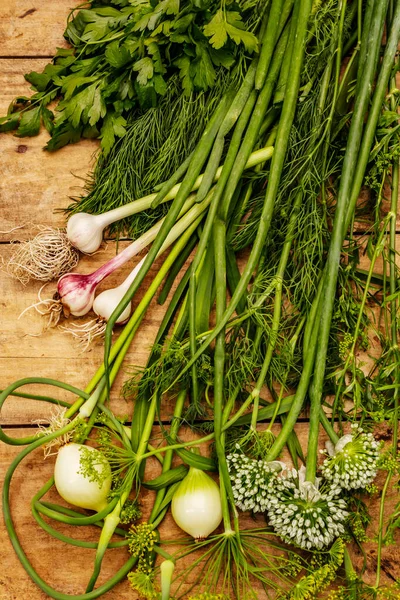 Set of fresh fragrant herbs for pickling. Ripe young onion and garlic. Early summer harvest, old wooden boards background