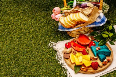 Piknik konsepti. Çeşitli renkte sert Hollanda peynirleri. Mavi ve kırmızı pesto, yıllanmış gouda. Çilek, çikolata, fındık, otlar, meyve suyu ve şarap. Yeşil çimen arka planında hasır sepet, boşluğu kopyala