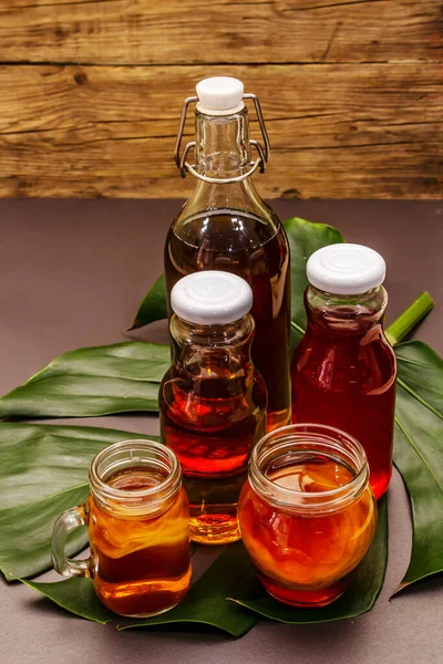 Kombucha Glass Bottles Set Different Flavors Healthy Fermented Food Probiotic — Stock Photo, Image