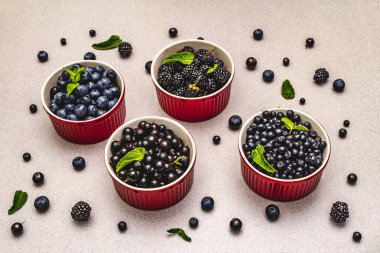 Böğürtlen, yabanmersini, yabanmersini, frenk üzümü ve böğürtlen. Taş beton arka plan