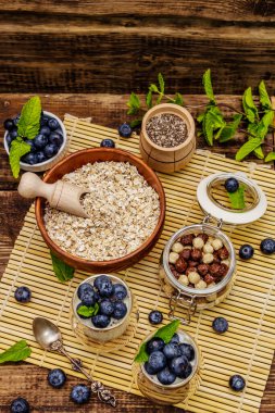 Sağlıklı ve yararlı kahvaltı konsepti. Yaban mersinli yoğurt, yulaf ezmesi ve chia çekirdeği. Olgun böğürtlen, nane yaprağı, tahta tahtada gümüş kaşık arka plan, üst manzara