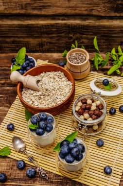 Sağlıklı ve yararlı kahvaltı konsepti. Yaban mersinli yoğurt, yulaf ezmesi ve chia çekirdeği. Olgun böğürtlen, nane yaprağı, tahta arka planda gümüş kaşık.
