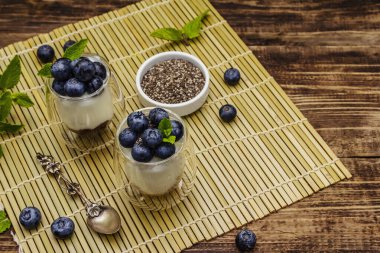 Yabanmersini ve chia tohumlu yoğurt. Sağlıklı ve yararlı kahvaltı konsepti. Olgun böğürtlenler, nane yaprakları, tahta tahtada gümüş kaşık arka plan, kopyalama alanı