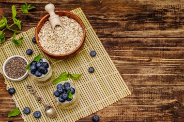 Sağlıklı ve yararlı kahvaltı konsepti. Yaban mersinli yoğurt, yulaf ezmesi ve chia çekirdeği. Olgun böğürtlen, nane yaprağı, tahta tahtada gümüş kaşık arka plan, üst manzara