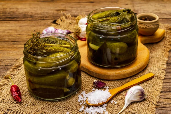 Marinated Pickled Cucumbers Spices Herbs Traditional Homemade Fermented Appetizer Glass — Stock Photo, Image