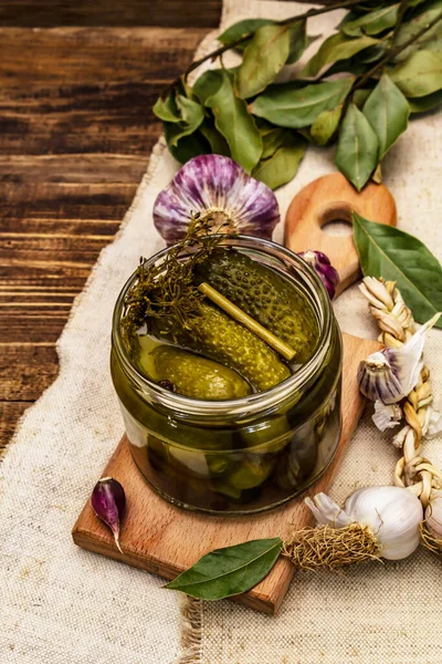 Marinated Pickled Cucumbers Spices Herbs Traditional Fermented Appetizer Glass Jar — Stock Photo, Image