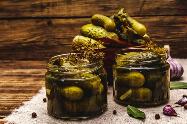 Marinated Pickled Cucumbers Spices Herbs Traditional Fermented Appetizer Glass Jars — Stock Photo, Image
