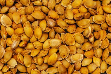 Kayısı tohumları arka planı. Tahta zemin, üst manzara.