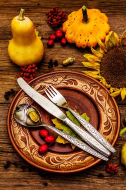 Sonbahar ve Şükran Günü yemeği. Balkabağı ve böğürtlen hasadı renkli yapraklar, seramik tabaklar, çatal, kaşık ve bıçak. Çatal bıçak takımı ahşap arka plan, kapat