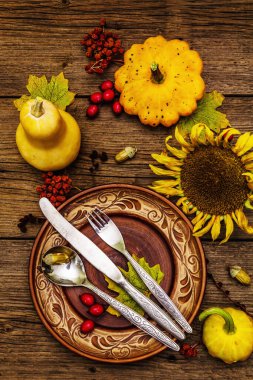 Sonbahar ve Şükran Günü yemeği. Balkabağı ve böğürtlen hasadı renkli yapraklar, seramik tabaklar, çatal, kaşık ve bıçak. Çatal bıçak takımı ahşap arka plan, kapat