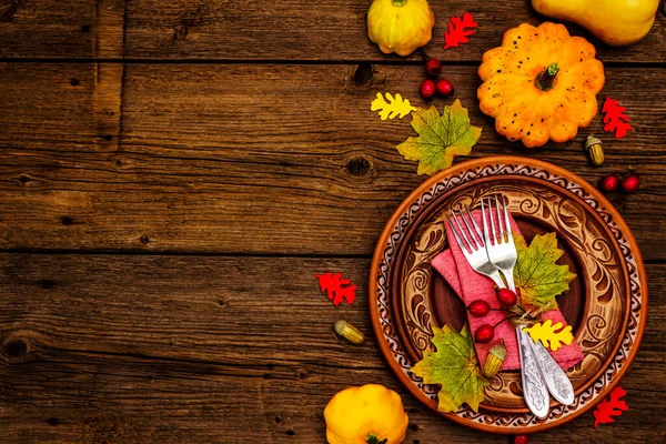 Dîner Automne Thanksgiving Récolte Citrouilles Baies Feuilles Colorées Assiettes Céramique — Photo