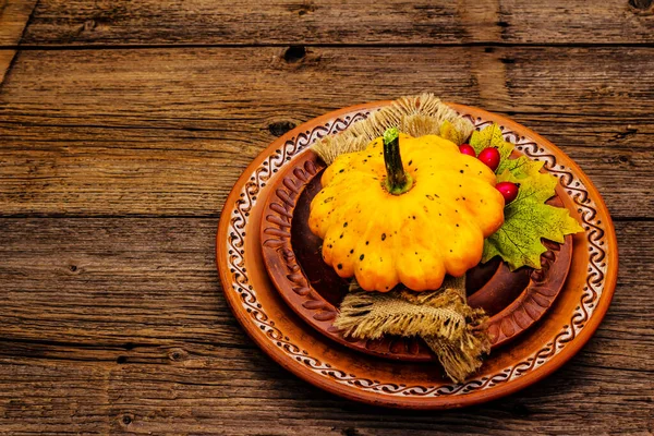 Sonbahar ve Şükran Günü yemeği. Balkabağı ve böğürtlen hasadı, renkli yapraklar, seramik tabaklar ve eski peçete. Çatal bıçak takımı ahşap arkaplan, kopyalama alanı