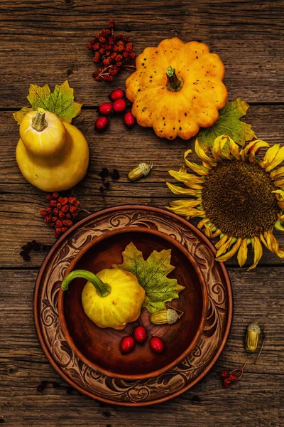 Sonbahar ve Şükran Günü yemeği. Balkabağı ve böğürtlen hasadı, renkli yapraklar, seramik tabak ve kase, ayçiçeği ve rowan. Çatal bıçak takımı ahşap arka plan