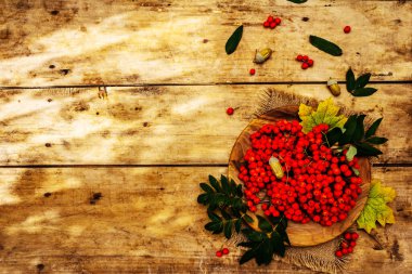 Yuvarlak tabakta olgun yaban mersini ve kirazlı erik meyvesi. Sonbahar neşesi, eski tahta arka plan, üst manzara.