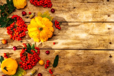 Şükran Günü ya da Cadılar Bayramı sonbahar geçmişi. Taze balkabağı, kiraz eriği, meşe palamudu ve olgun yaban mersini eski ahşap masa, üst manzara