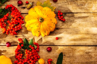 Şükran Günü ya da Cadılar Bayramı sonbahar geçmişi. Taze balkabağı, kiraz eriği, meşe palamudu ve olgun yaban mersini eski ahşap masa, üst manzara