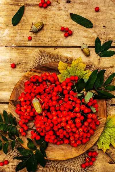 Yuvarlak tabakta olgun yaban mersini ve kirazlı erik meyvesi. Sonbahar neşesi, eski tahta arka plan, üst manzara.