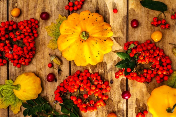 Şükran Günü ya da Cadılar Bayramı sonbahar geçmişi. Taze balkabakları, kiraz erikleri, meşe palamudu ve olgun yaban mersinleri eski ahşap masada, kapayın.