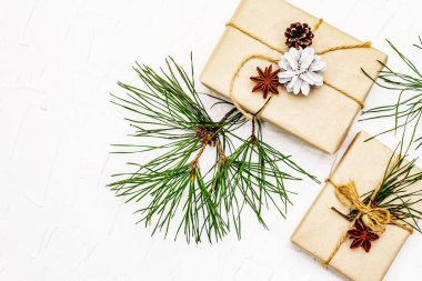 Sıfır atık hediye konsepti. Yılbaşı ya da yeni yıl dekoru çam kozalakları, yıldız anason ve klasik iplik. Plastiksiz geri dönüşümlü yaşam tarzı, beyaz macun arkaplan, kapat